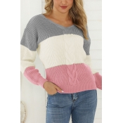 Popular Thickened Long Sleeve V-Neck Cable Knit Color Block Loose Fit Pullover Sweater for Ladies