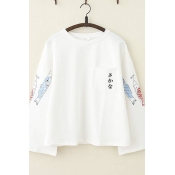 Girls Stylish Long Sleeve Round Neck Fish Japanese Letter Graphic Pocket Panel Loose Fitted T-Shirt
