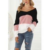 Designer Women's Long Sleeve Drop Shoulder Twist Back Color Block Knitted Loose Fit Sweater Top