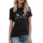 Fashion Roll-Up Sleeve Round Neck Cat Pattern Loose Fit T Shirt for Girls