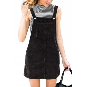 Fashionable Ladies Sleeveless Patched Pocket Corduroy Plain Short Shift Suspender Dress