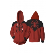 Fashion Black and Red Spider Printed Long Sleeve Zip Up Sport Loose Hoodie