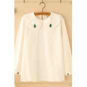 Basic Womens White Long Sleeve Peter Pan Collar Christmas Tree Embroidery Loose Fit Shirt