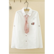 Popular Girls Long Sleeve Lapel Collar Button Down Letter CAT Graphic Relaxed Fit White Shirt with Tie
