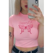 Pretty Girls Short Sleeve Crew Neck Letter SUPERLIT Butterfly Graphic Fitted Crop T-Shirt in Pink