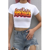 Chic Fashion Girls Short Sleeve Crew Neck Letter DOUBLE Flame Printed Slim Fit Crop T Shirt in White
