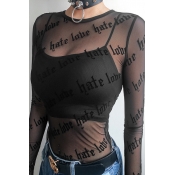 Cool Black Long Sleeve Round Neck All Over HATE LOVE Print See-Through Mesh Slim Fit T Shirt for Women