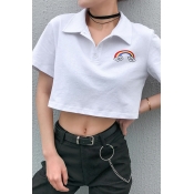 Stylish Girls Short Sleeve Lapel Collar Button Up Letter SUCH CUTE Rainbow Graphic Relaxed Crop Polo Top in White