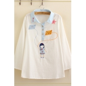 Preppy Girls Long Sleeve Lapel Neck Button Up Cartoon Embroidered Contrasted Relaxed Fit Shirt in White
