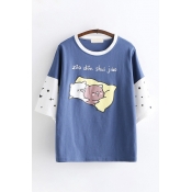Popular Girls Short Sleeve Round Neck Sleeping Pig Graphic Color Block Loose Fit Tee