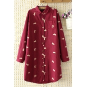 Casual Fashion Girl Long Sleeve Lapel Collar Button Down All Over Rabbit Pattern Longline Oversize Shirt