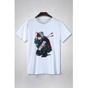 Korean Style Short Sleeve Crew Neck Cartoon Printed Relaxed Fit T-Shirt in White