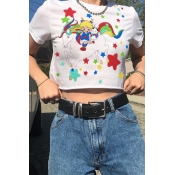 Cute Fancy Short Sleeve Crew Neck Cartoon Patterned Relaxed Crop T Shirt in White