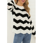 Stylish Women's Long Sleeve Crew Neck Stripe Pattern Hollow Out Knit Relaxed Fit Pullover Sweater in White
