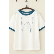 Cute Harajuku Style Short Sleeve Round Neck Japanese letter Shark Printed Contrasted Relaxed Graphic Tee