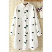Pretty Cute Girls Long Sleeve Lapel Collar Button Down Cartoon Embroidered Longline Loose Fit Shirt