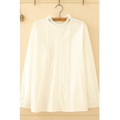 Pretty Girls Long Sleeve Crew Neck Button Down Lace Trim Pleated Loose Fit Shirt in White