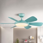 LED Acrylic Ceiling Fan Lighting Kids Blue/Wood Circle Living Room Semi Flush Lamp with 6 Blades, 42