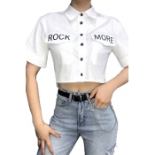 Girls Trendy Short Sleeve Lapel Neck Button Down Letter ROCK MORE Flap Pockets Fitted Crop Shirt in White