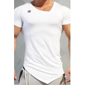 Simple Street Short Sleeve Asymmetric Neck Patterned Irregular Hem Slim Fitted T Shirt for Boys