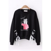 Stylish Girls Long Sleeve Round Neck Letter MEETING YOU Cartoon Character Graphic Lace Up Relaxed Fit Pullover Sweatshirt