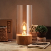 Clear Glass Cylinder Desk Lighting Contemporary 1-Bulb Beige Table Lamp with Wooden Base