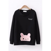 Leisure Girls Long Sleeve Round Neck Letter HAPPY Rabbit Embroidery Relaxed Pullover Sweatshirt