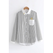 Kawaii Girls Long Sleeve Lapel Collar Button Down Rabbit Embroidered Pocket Stripe Print Curved Hem Relaxed Shirt