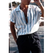 Popular Boys Roll-Up Sleeve Lapel Collar Button Down Stripe Patterned Relaxed Shirt in Light Blue