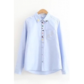 Preppy Girls Long Sleeve Lapel Neck Cartoon Button Down Pocket Glasses Embroidered Relaxed Fit Shirt