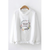Fashion Pretty Long Sleeve Crew Neck Letter LITTLE WREN FLOWERS Floral Embroidery Loose Pullover Sweatshirt