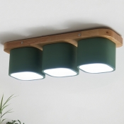 Minimalist Cube Flush Light Fixture Iron 3 Heads Living Room LED Flush Mount Lamp with Rectangle Wood Canopy in Green, Warm/White Light