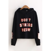 Casual Girls Long Sleeve Drawstring Letter DON'T STRESS MEOW Cat Graphic Relaxed Fit Hoodie