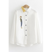 Leisure Ladies Long Sleeve Lapel Collar Button Down Cartoon Embroidered Striped Contrasted Loose Fit Shirt