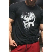 Guys Bodybuilding Active Short Sleeve Crew Neck Skull Patterned Relaxed Fit T Shirt in Black