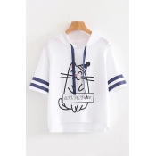 Lovely Womens Short Sleeve Drawstring Stripe Cat Printed Letter ALL DAY Loose Hoodie in White