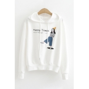 Chic Street Womens Long Sleeve Drawstring Letter HAPPY TIMES Cartoon Character Graphic Relaxed Hoodie