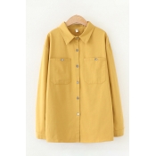 Leisure Trendy Ladies Solid Color Long Sleeve Lapel Color Button Down Pocket Patched Relaxed Fit Long Shirt