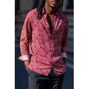 Fancy Hot Long Sleeve Lapel Collar Button Down Floral Printed Relaxed Shirt in Red