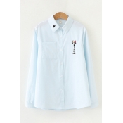Simple Girls Cute Long Sleeve Lapel Collar Button Down Cat Letter MIAO Embroidered Relaxed Fit Shirt