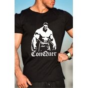Designer Short Black Sleeve Crew Neck Letter CONQUER Anime Print Relaxed Graphic T-Shirt for Mens