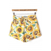 Pretty Summer Ladies Mid Rise All Over Sunflower Printed Rolled Cuffs Relaxed Shorts in Yellow