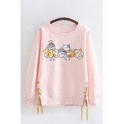 Lovely Girls Long Sleeve Round Neck Cat Patterned Lace Up Sides Relaxed Fit Pullover Sweatshirt