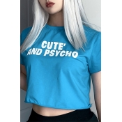 Popular Womens Short Sleeve Crew Neck CUTE AND PSYCHO Letter Relaxed Cropped T-Shirt