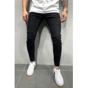 Fashionable Cool Mid Rise Solid Color Ankle Length Skinny Jeans in Black