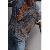 Fashionable Mens Roll-Up Sleeve Lapel Collar Button Down Allover Flower Printed Loose Shirt in Blue