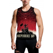 Mens Sleeveless Round Neck Letter INDEPENDENCE DAY Graphic Fitted Tank Top in Red
