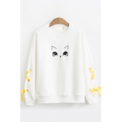 Preppy Looks Long Sleeve Crew Neck Cat Patterned Lace Up Loose Fitted Pullover Sweatshirt