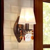 American Flower Conical Wall Lamp 1 Bulb Fabric Wall Light Sconce in Antique Brass with Coffee Crystal Drop