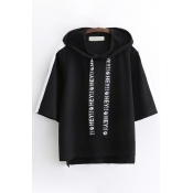 Lovely Fashion Three-Quarter Sleeves Letter HEY Paw Graphic Drawstring Contrast Loose Hoodie for Ladies